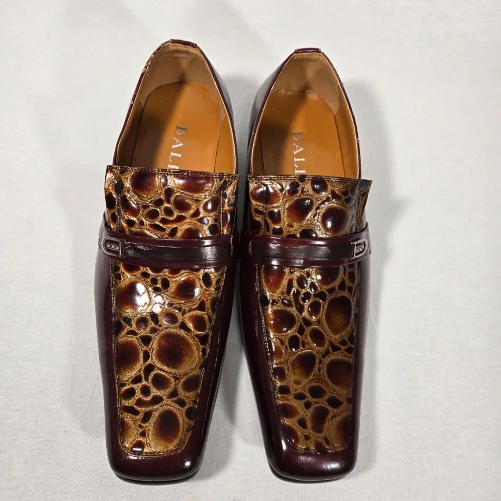Vintage BALLY Rockabilly Red Wine Patent Leather Brown Crocodile Loafers Size 9B